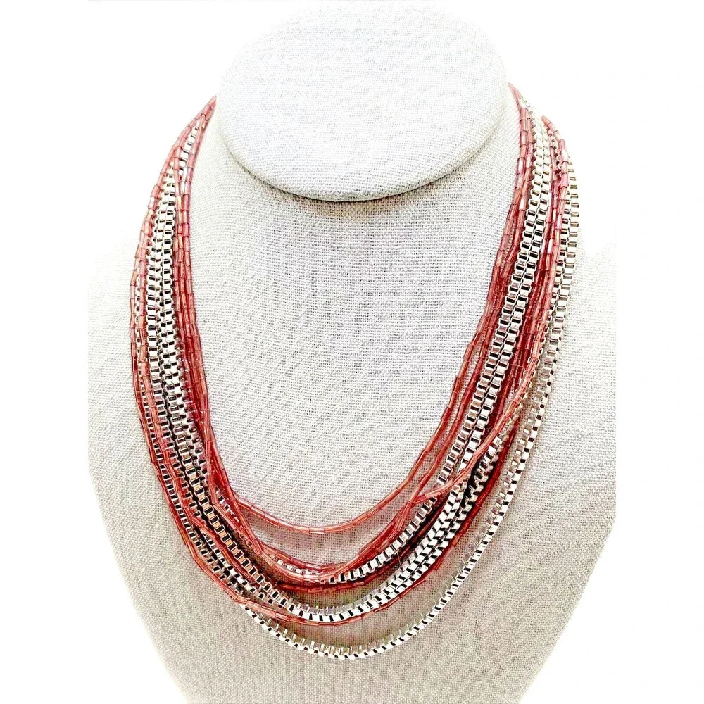 Jessica Simpson Multi Strand Choker Necklace Purple Bead Silver Tone Chain 16
